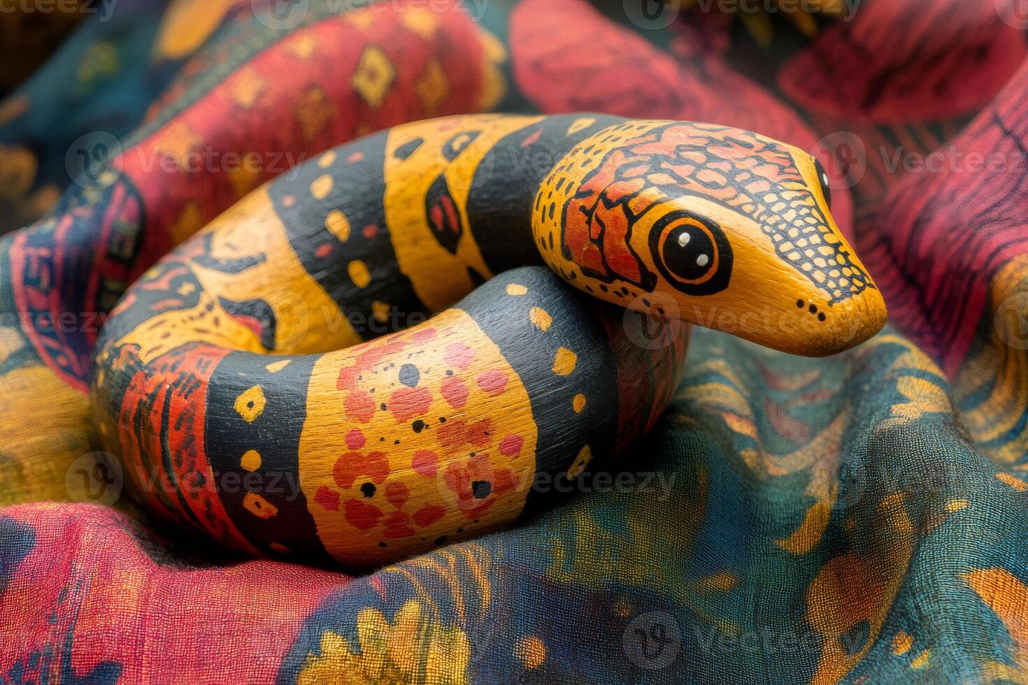 Colorful wooden snake resting on patterned fabric photo