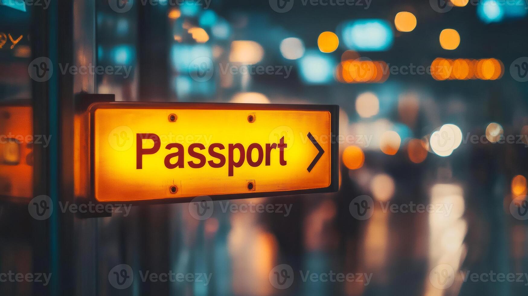 Illuminated passport sign indicating direction in airport terminal at night photo