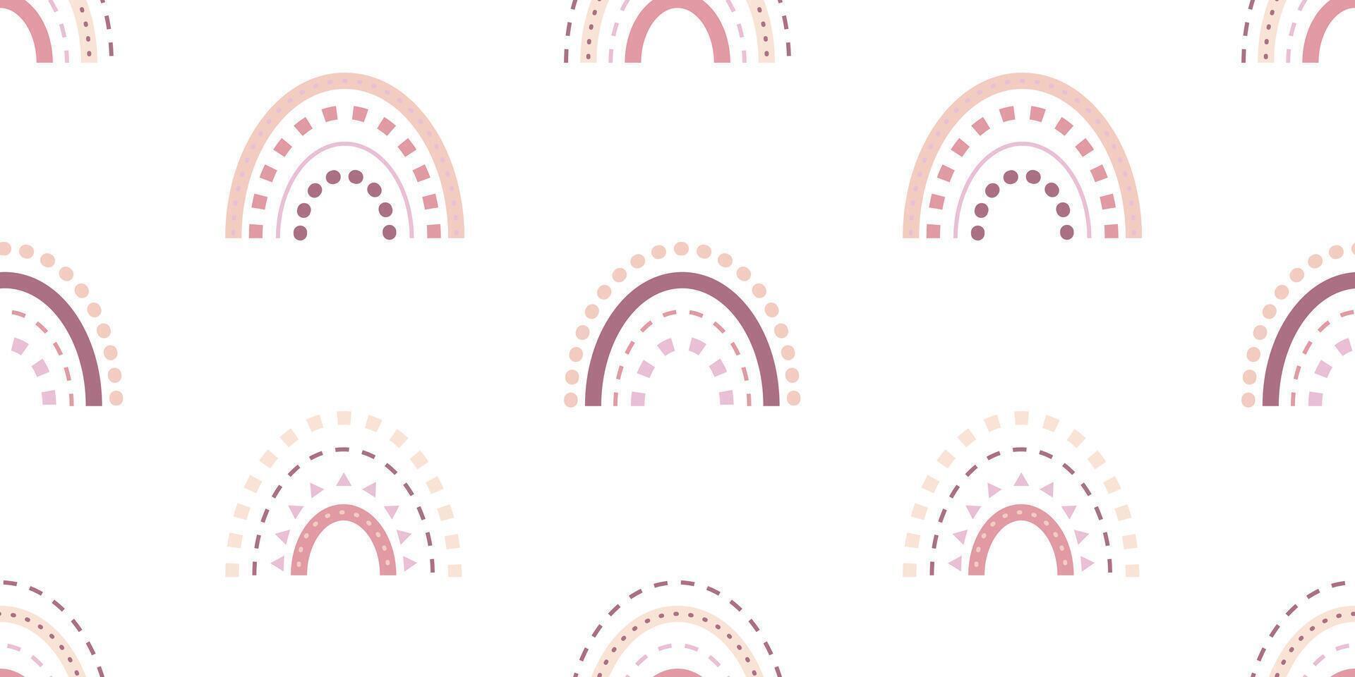 Static children's seamless pattern with rainbows in boho style in pink tones on a white background for textiles, fabric, wrapping paper vector