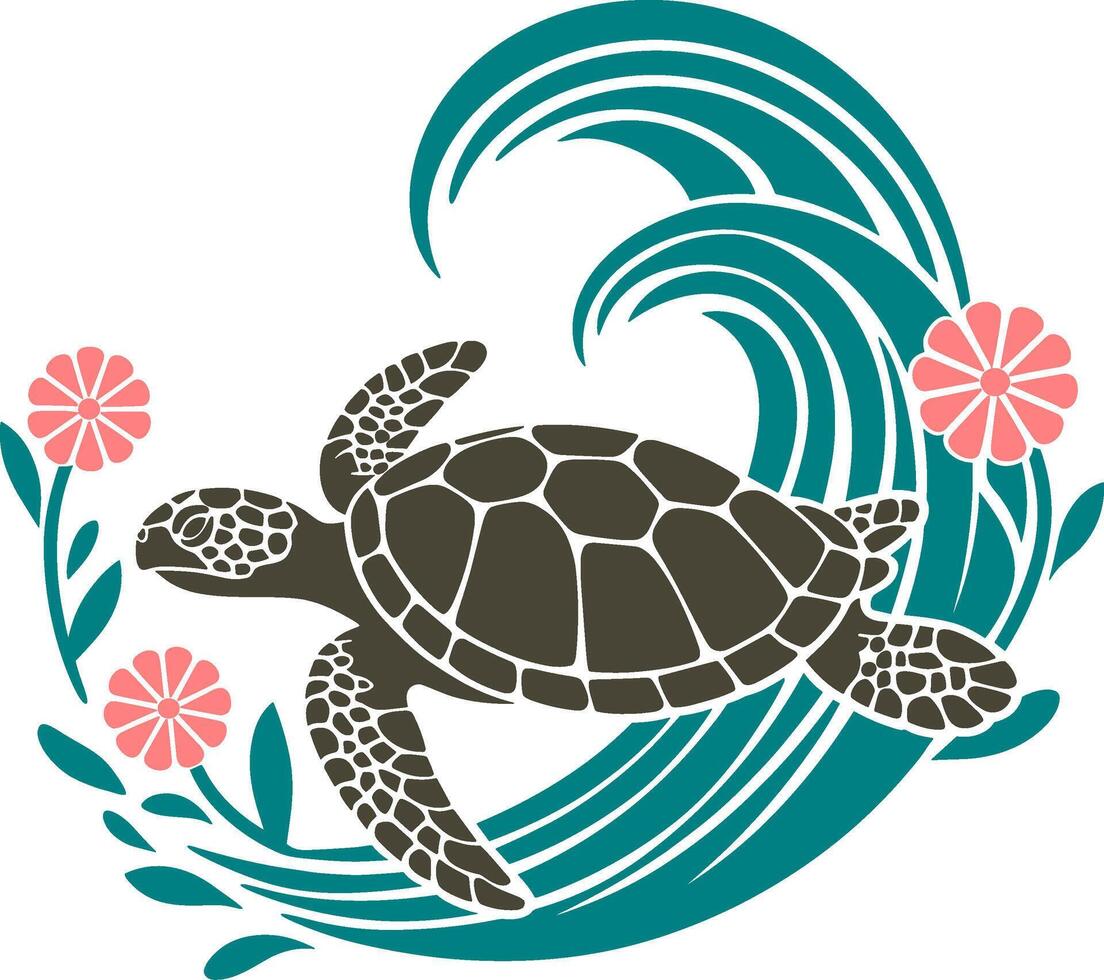 Sea Turtle Swimming in Ocean Wave with Flowers vector