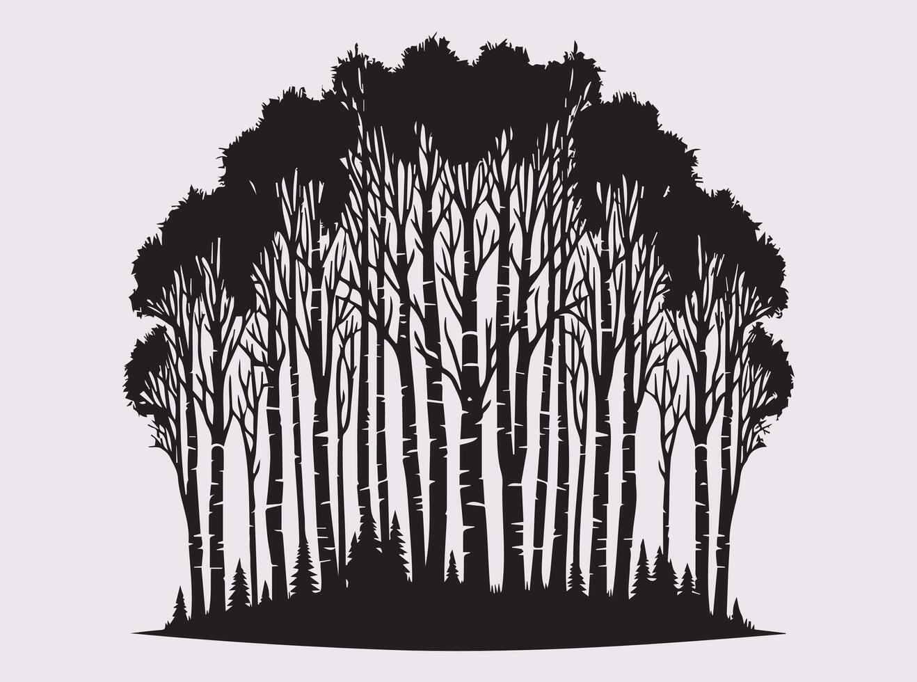 Birch Tree Forest Silhouette in Black Featuring Natural Woodland with Stylish and Detailed Trees vector