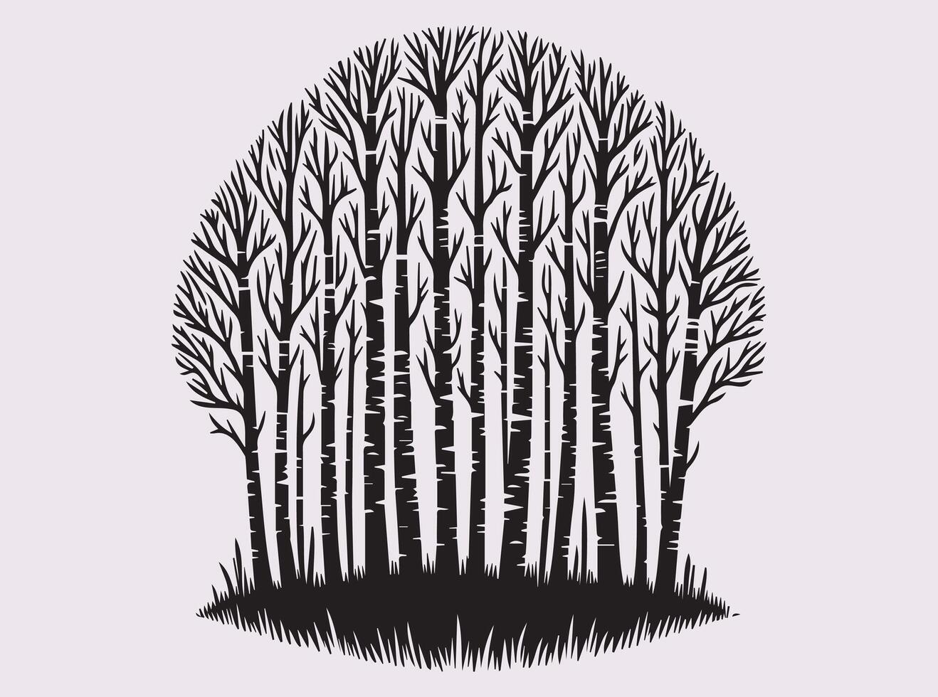 Solid Black Birch Tree Forest Silhouette Art with Tall Trees and Branch Details in a Natural Scene vector