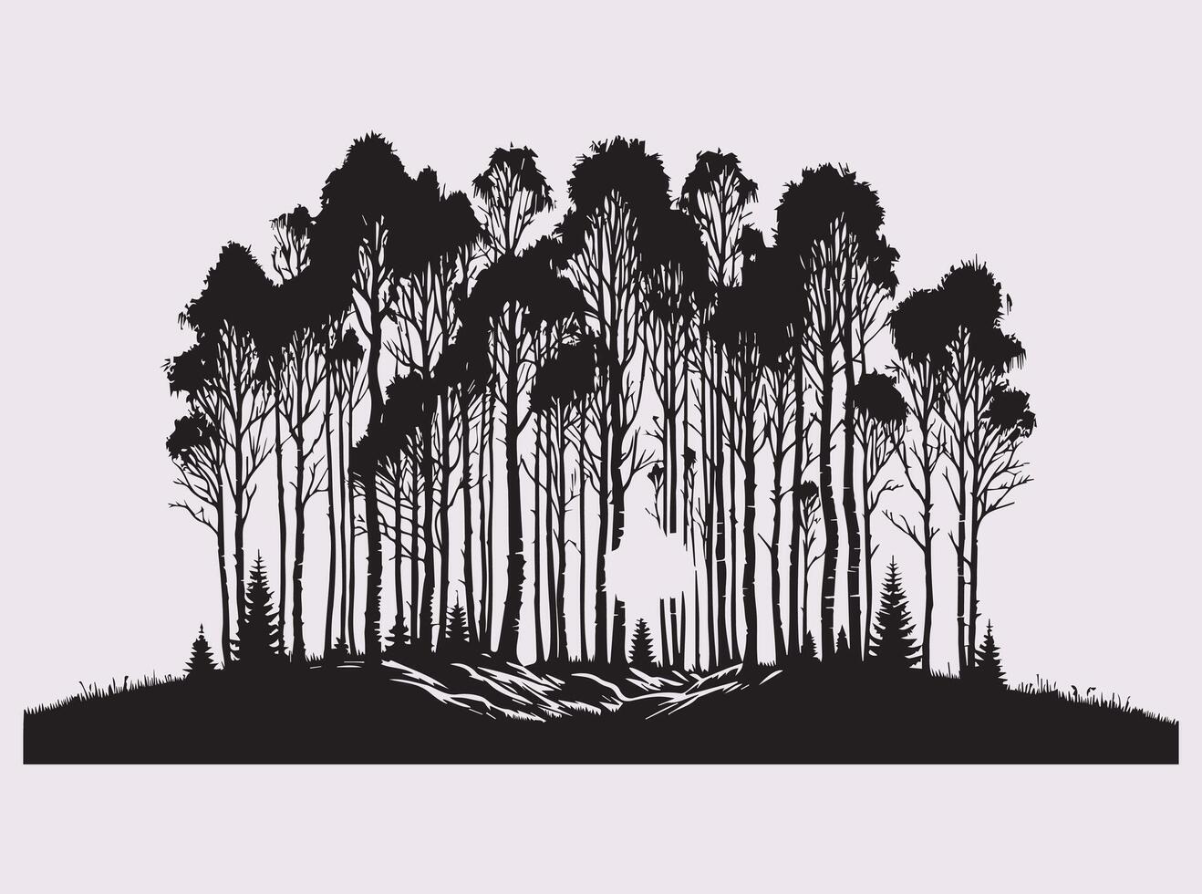 Solid Black Birch Tree Forest Silhouette Depicting Natural Woodland with Elegant Tree Forms vector