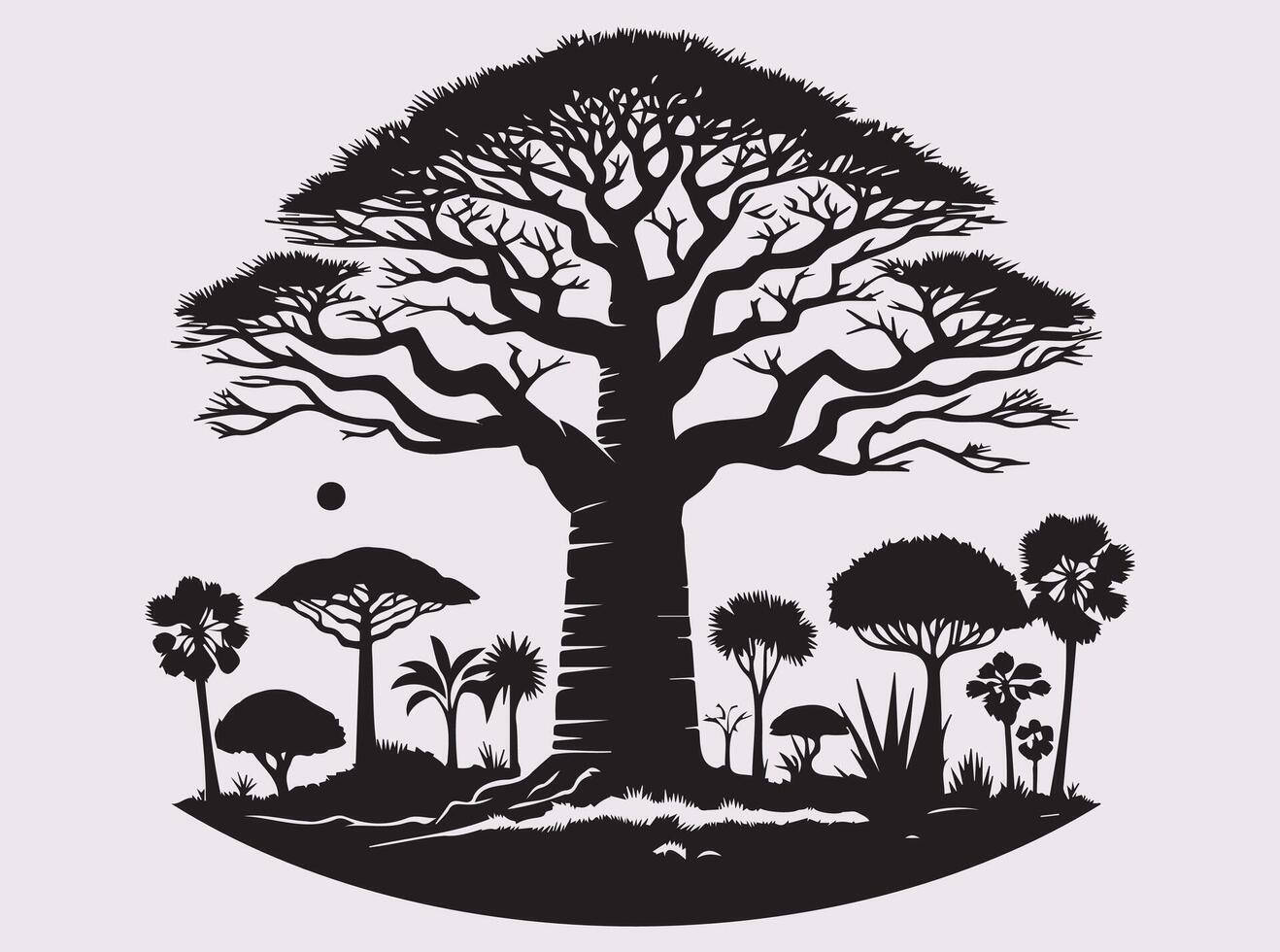 Black Silhouette of Baobab Tree in Serene Savannah View vector