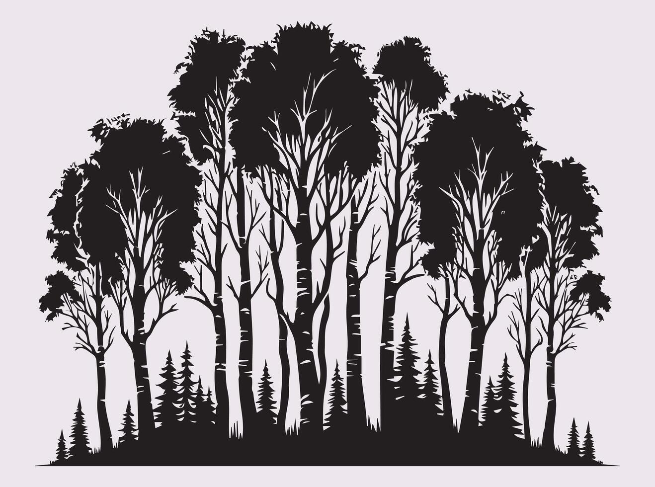 Solid Black Birch Tree Forest Silhouette Illustration Showcasing Tall Trees with Artistic Branch Details vector