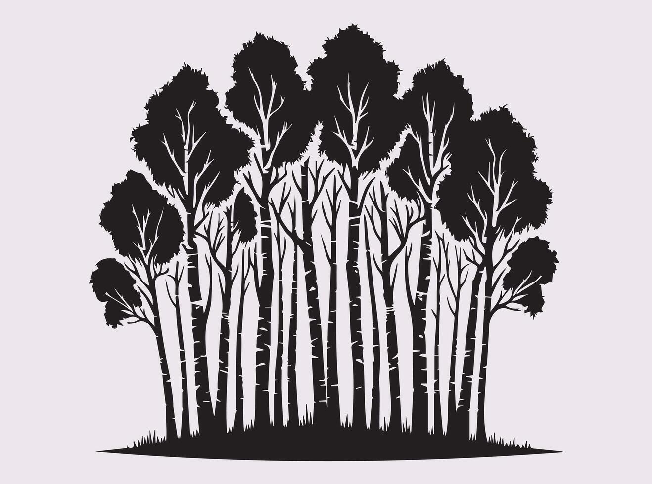 Birch Tree Forest Silhouette in Solid Black with Detailed Branches and Elegant Tree Trunk Designs vector