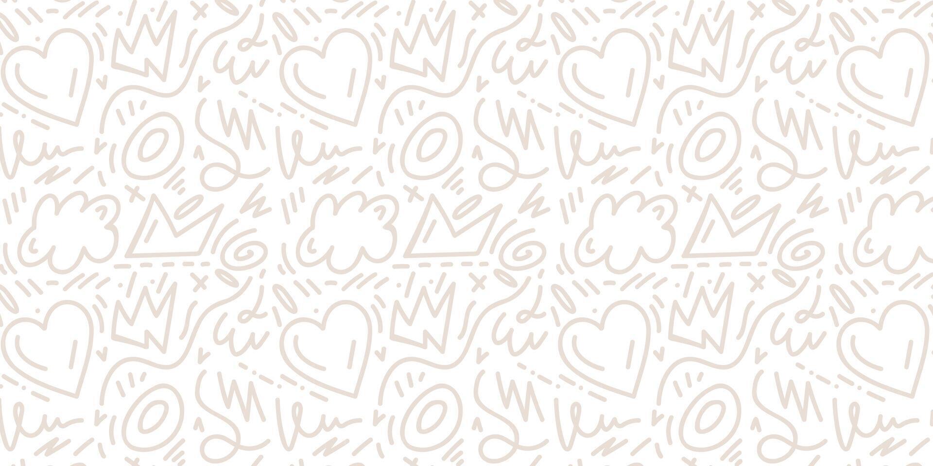 Doodle seamless pattern with various hand drawn shapes. Heart, circles, squiggles or scribbles, checkmark, stripes, dashes, dotted lines. Illustration for print, cover, wrapping paper vector