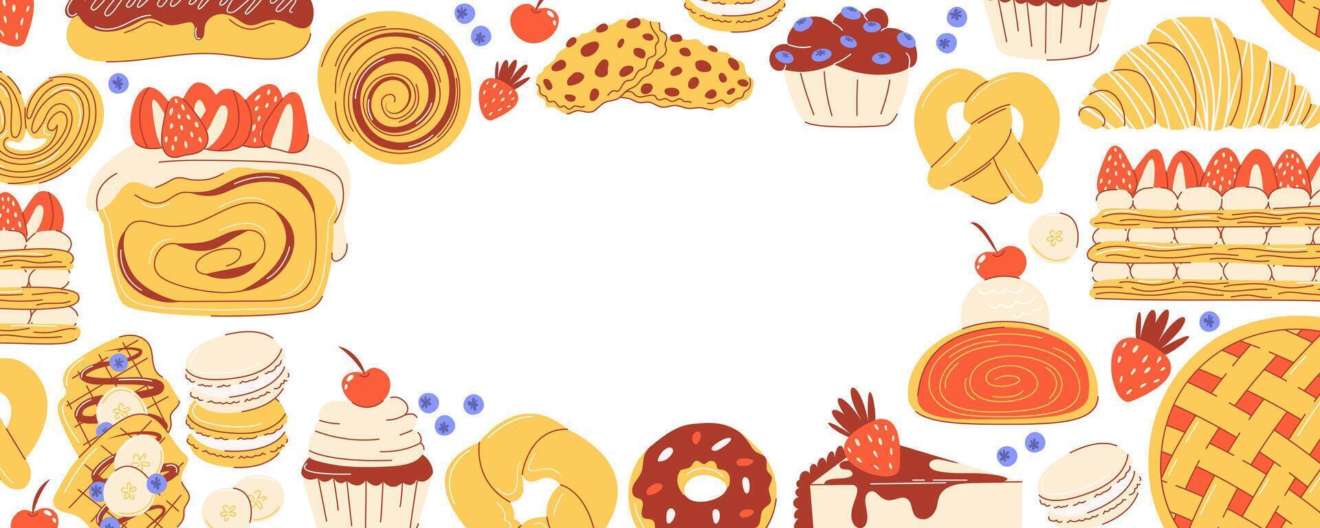 Pastry background. Desserts, baked goods. Frame from donut, macaron, croissant, eclair, strudel, mille feuille, bagel, cinnamon roll. Flat trendy illustration, isolated on white, space for text vector