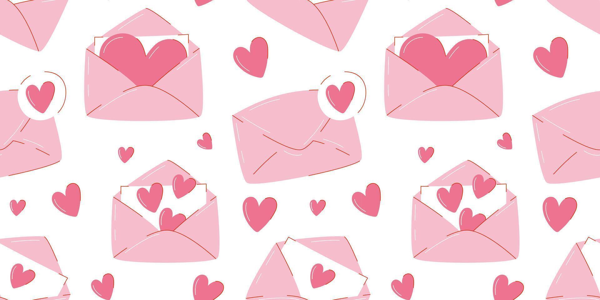Romantic seamless pattern with various love letters in envelope and hearts, pink color. Flat illustration, isolated white background. For wrapping paper, cover, poster, print or gift box vector