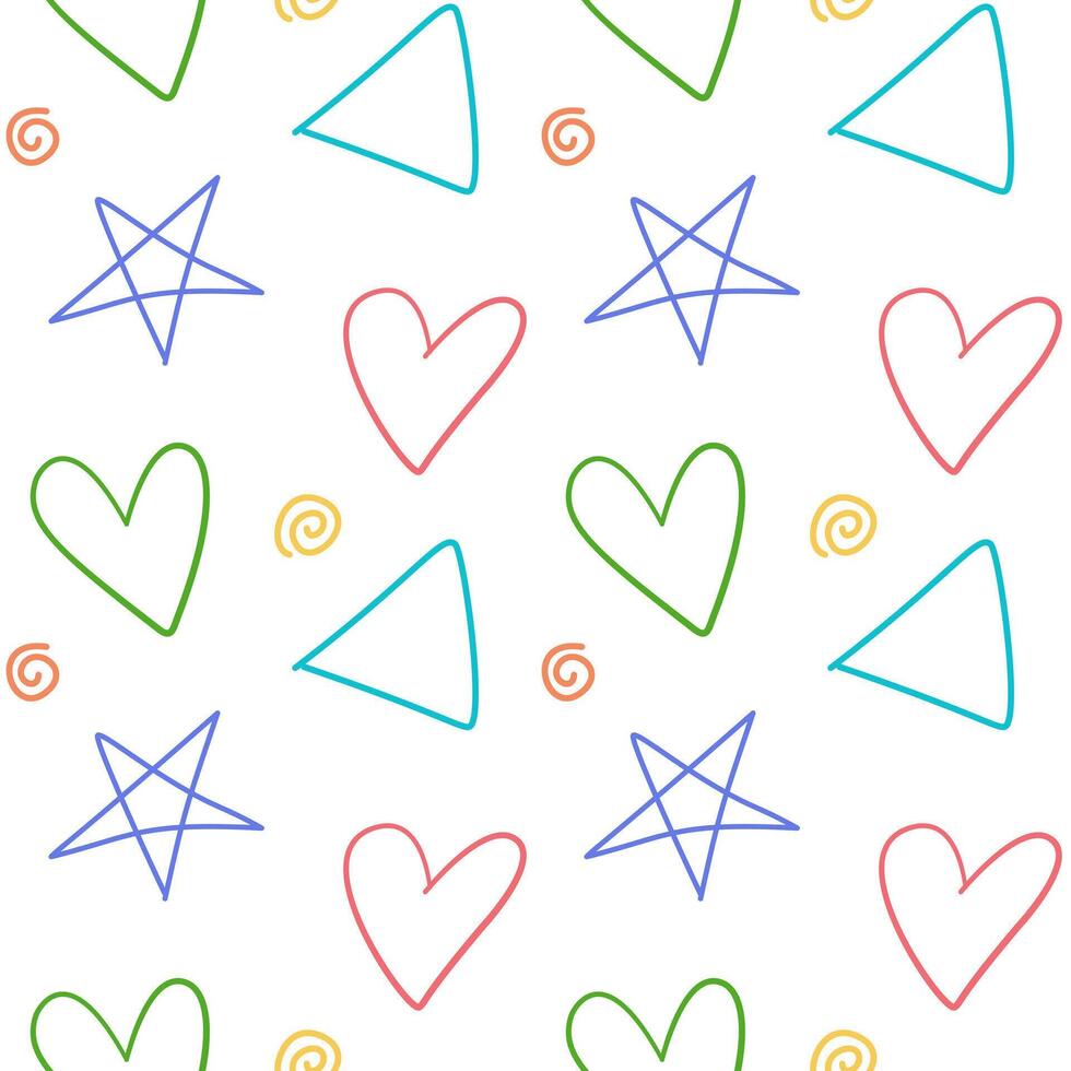 hand drawn doodle seamless pattern of star, heart, and triangle shapes illustration. Scribble colorful pattern for baby and kids decoration, fabric, wrapping paper, cards, and print vector