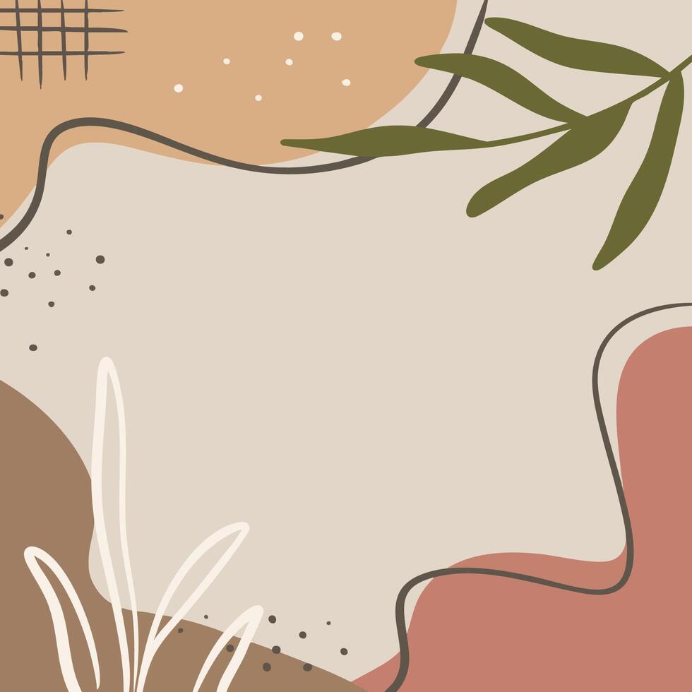 Minimal aesthetic boho background template. Organic shapes with leaf branch, dots, and lines. Design for card, wall art, wallpaper, poster, and print. vector