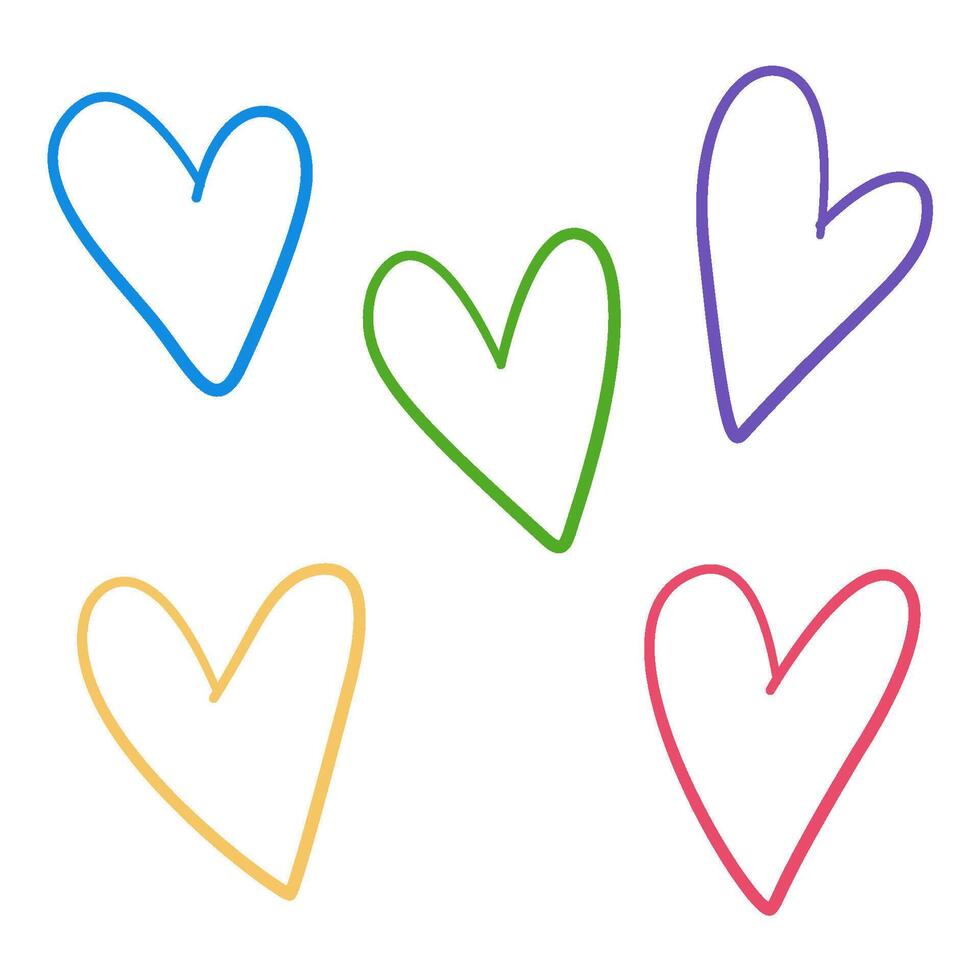 colorful doodle scribble hearts illustration. decorative hand drawn shapes. Isolated outline hearts symbols. vector