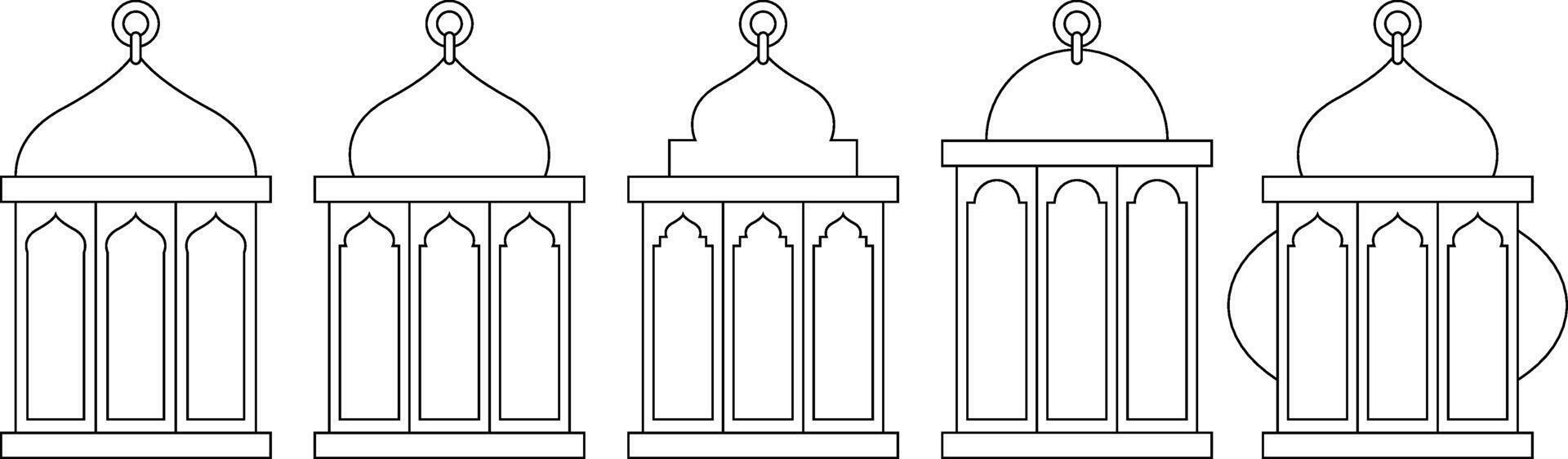 Black Outline Islamic Lantern Element Set for Ramadan Arabic Hanging Oil Lamp Lights vector