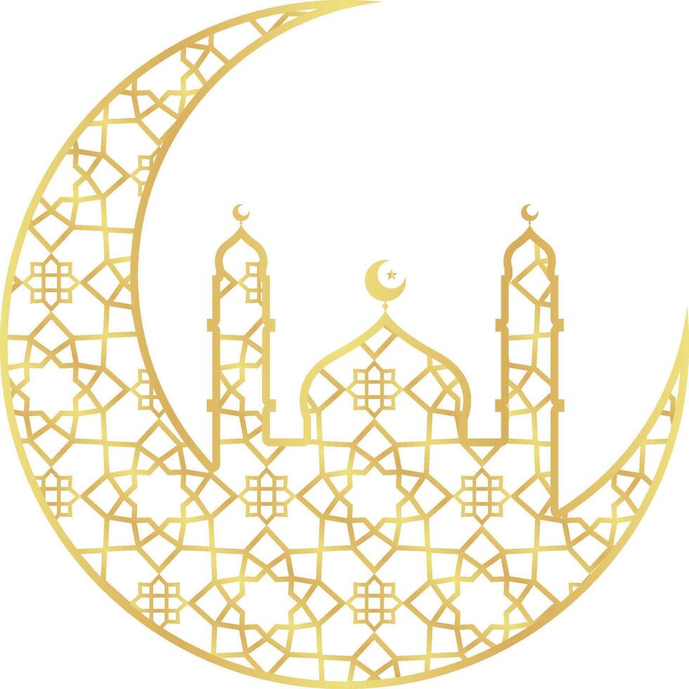 Gold Gradient Small Mosque with Crescent with Gold Gradient Islamic Pattern vector