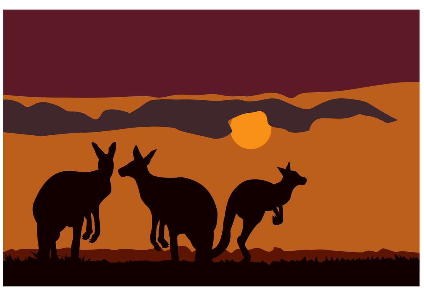 Three kangaroos hopping in the sunset. Australian landscape of sunset and silhouette of kangaroos vector