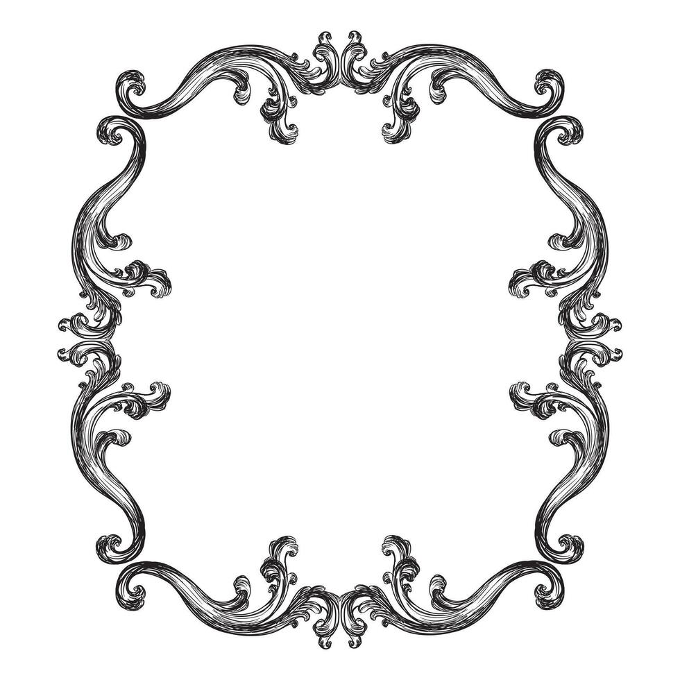 Vintage ornate baroque frame. Hand drawing border scroll floral swirl ornament, illustration. Engraving retro filigree frame design element, antique style. For wedding invitation, greeting card vector
