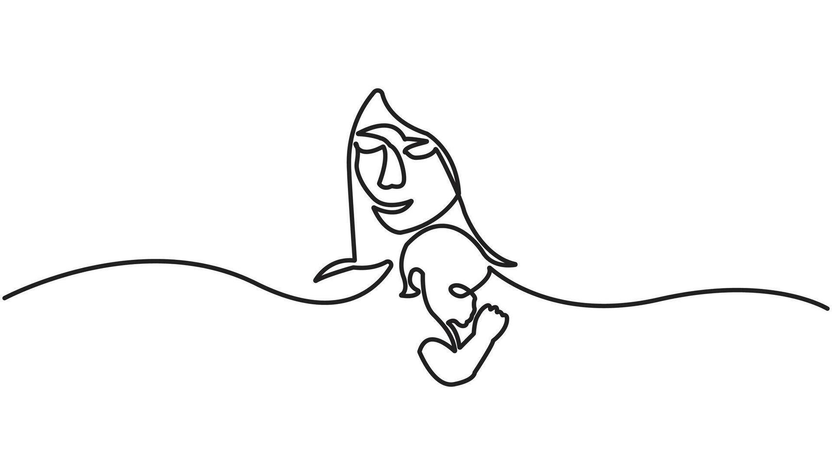 Happy Mother day card. Continuous one line drawing. Woman hold her baby. illustration vector