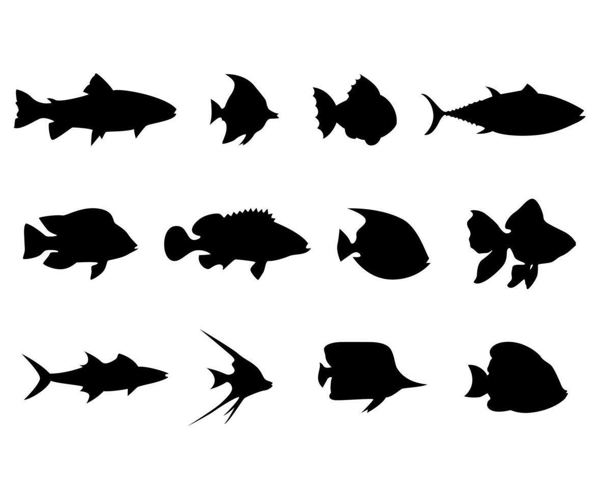 Set of Fish silhouette collection underwater exotic animals illustration vector