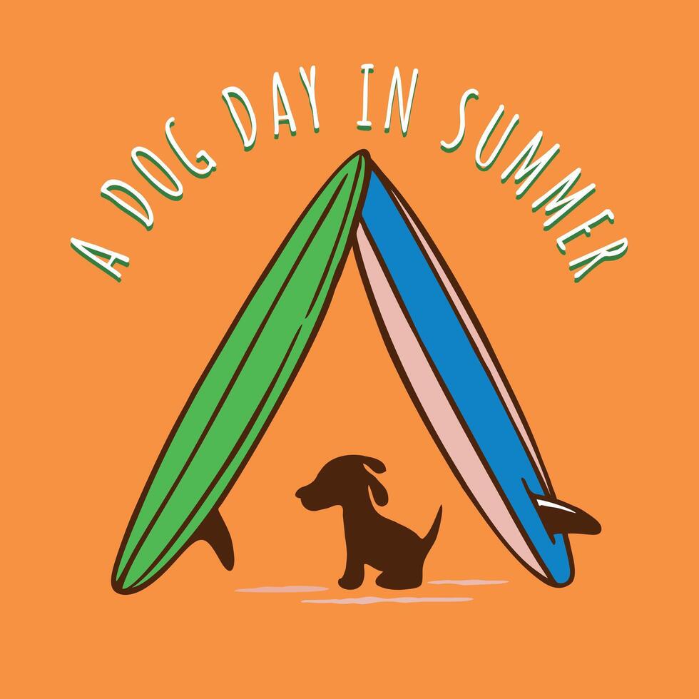 When I'm not surfing with my human friends, you can find me relaxing under these surfboards, waiting for the next big wave. Aloha. Have a great dog day surfing. vector