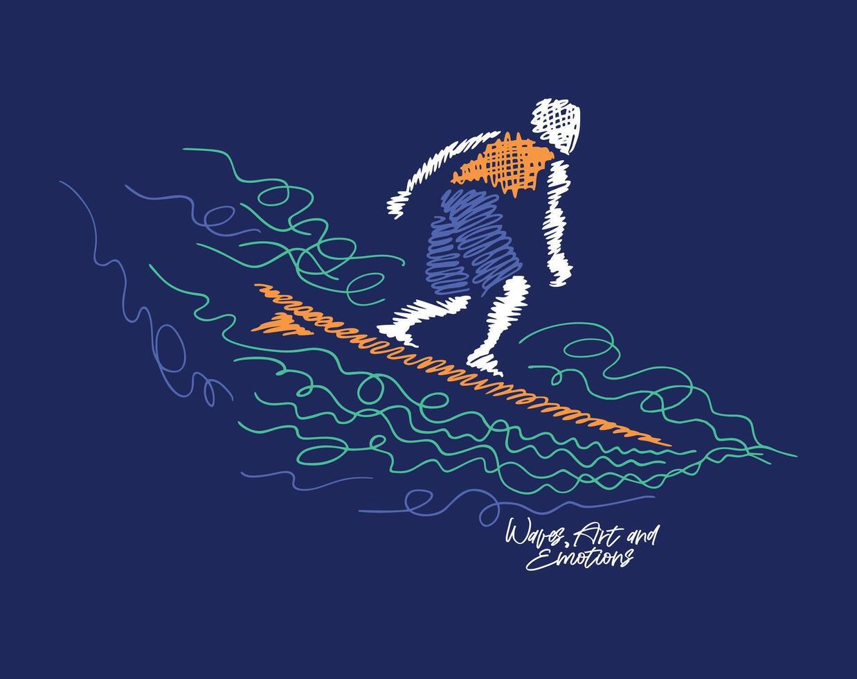 Amidst the frenetic rhythm of the ocean, the surfer rides the wave with skill, captured in sketched lines that reveal the energy and passion for surfing. vector