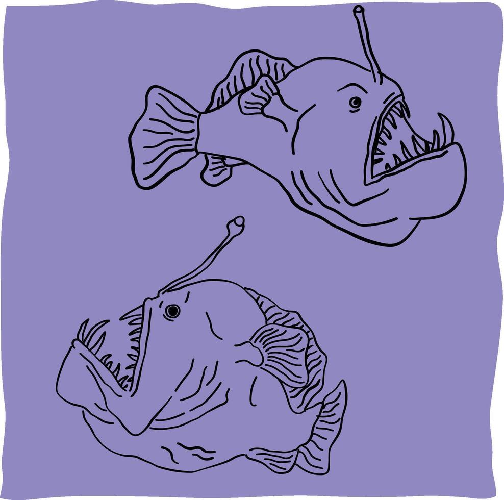 Doodle style illustration or line art of the deep sea fish or black devil fish vector