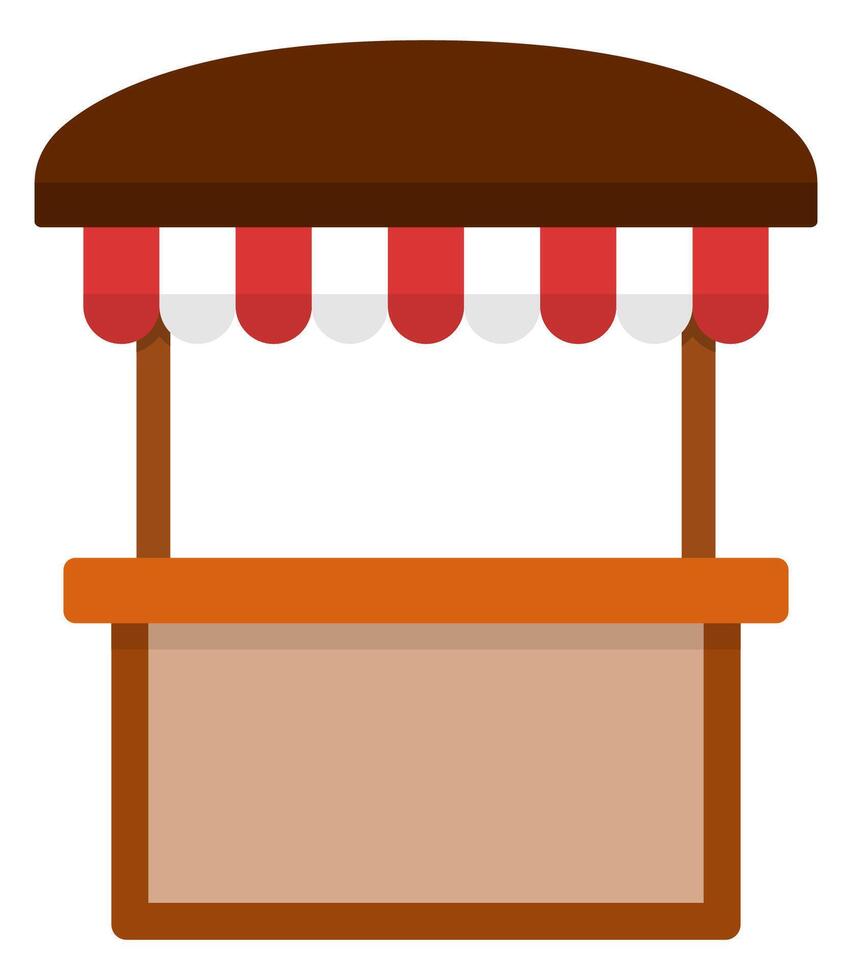 Flat icon of stand stall with white and red striped awning isolated on background. vector