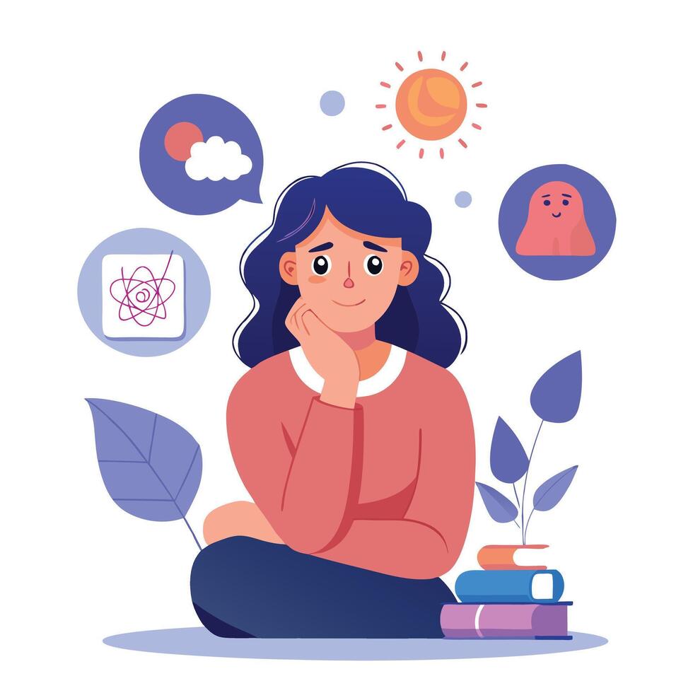 Illustration of a Sad and Thoughtful Woman Dealing with Stress and Anxiety in a Modern Digital World vector