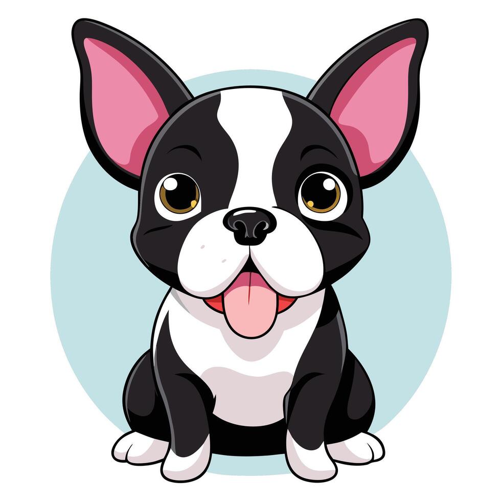 Cute Black and White Boston Terrier Puppy with Floppy Ears and a Playful Expression vector
