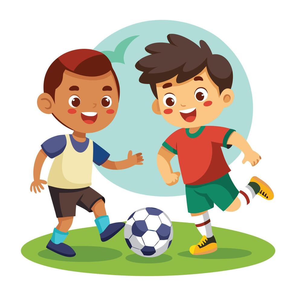 Colorful Cartoon Illustration of Friends Playing Football with Joy vector