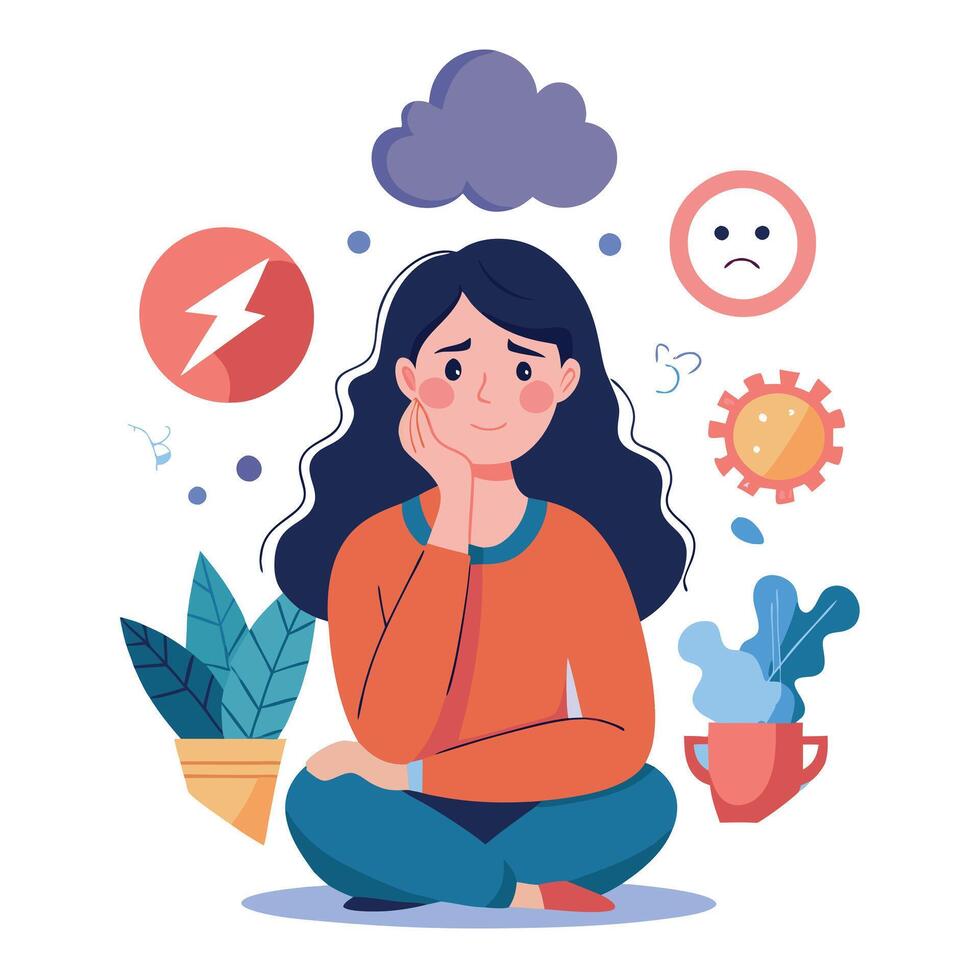Mental Health Concept Illustration Featuring a Sad Woman Surrounded by Anxiety and Depression Symbols vector