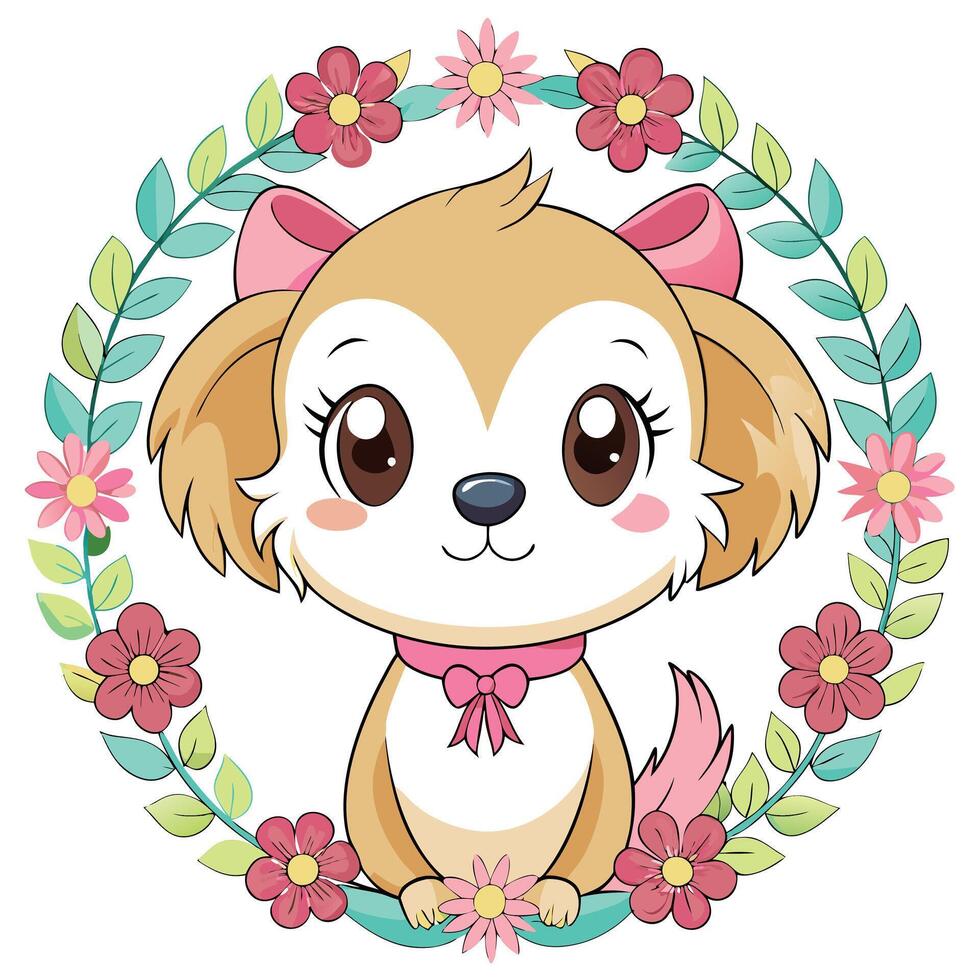 Adorable Cartoon Puppy Girl Sitting in a Floral Wreath with Cute Pink and Yellow Flowers vector