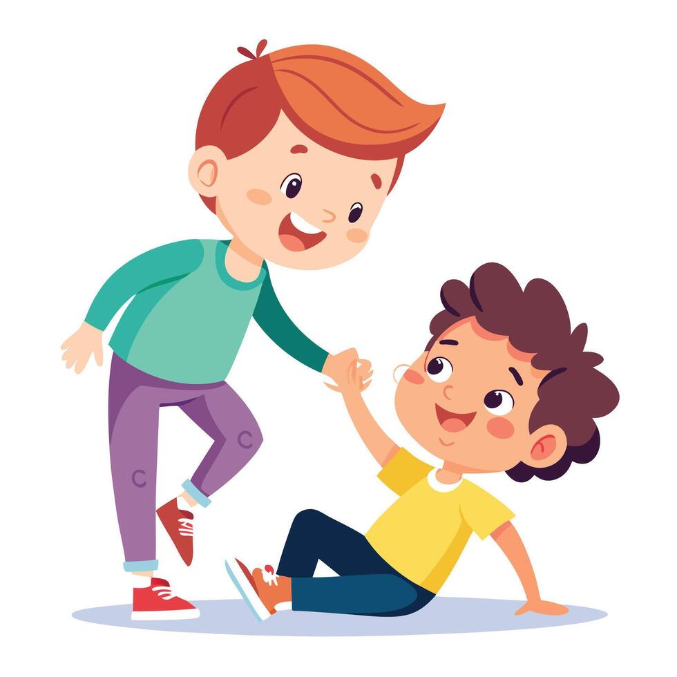 Kind Little Boy Helping His Friend Stand Up with a Bright and Cheerful Expression vector