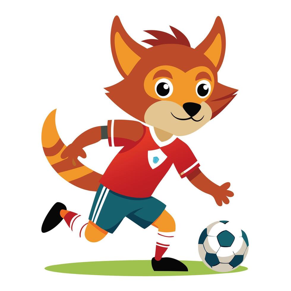 Adorable Fox Playing Soccer in a Red Jersey and Blue Shorts on a Green Field vector