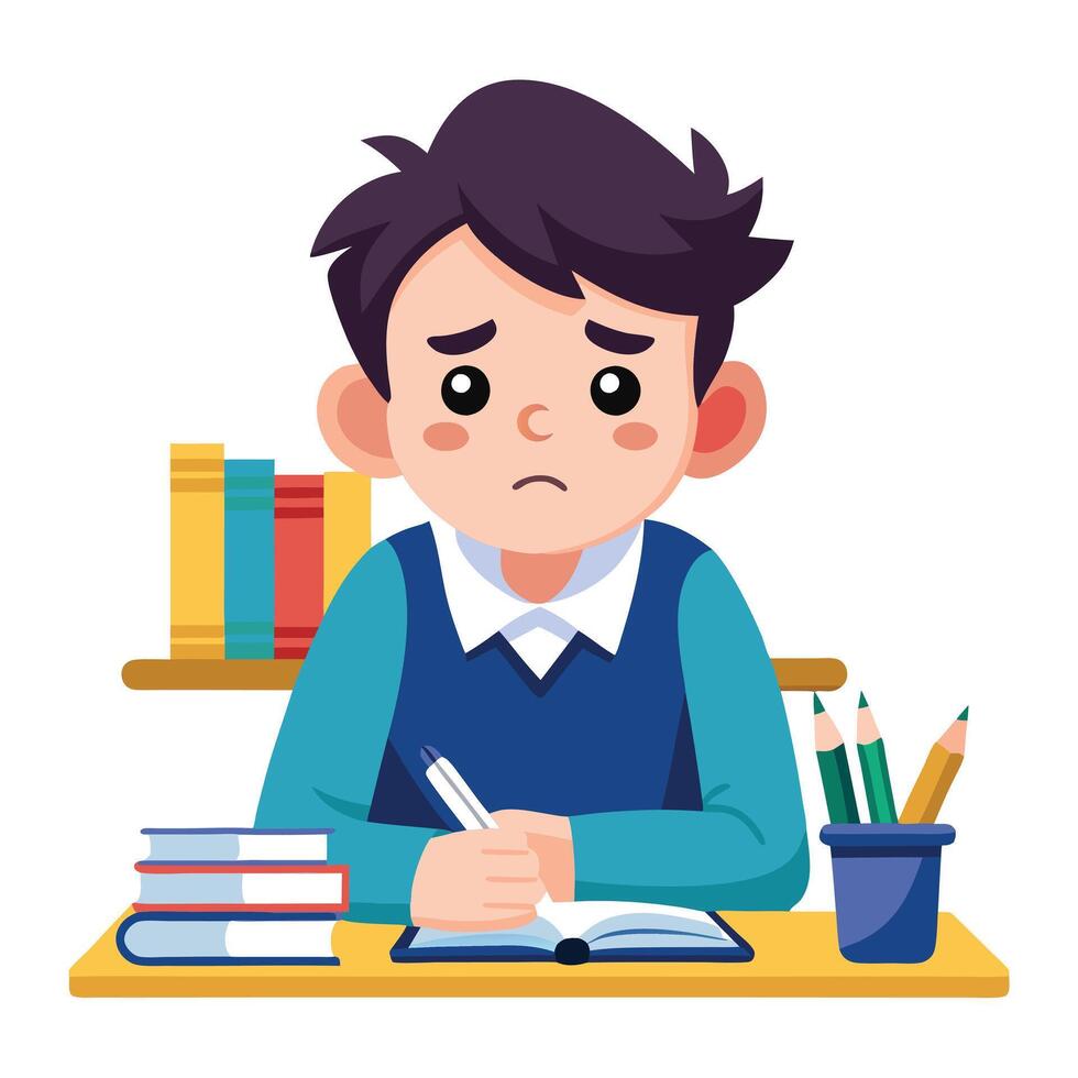 Cartoon of a Frustrated Student Feeling Stressed While Studying vector