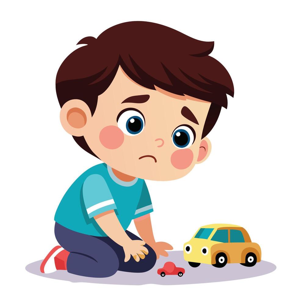 Sad Little Boy Playing with Toy Cars Alone, Looking Lonely and Upset vector