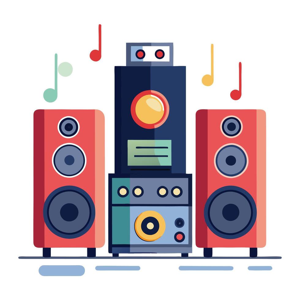 Vibrant Cartoon Illustration of a Home Stereo System with Powerful Speakers and Surround Sound Effects vector