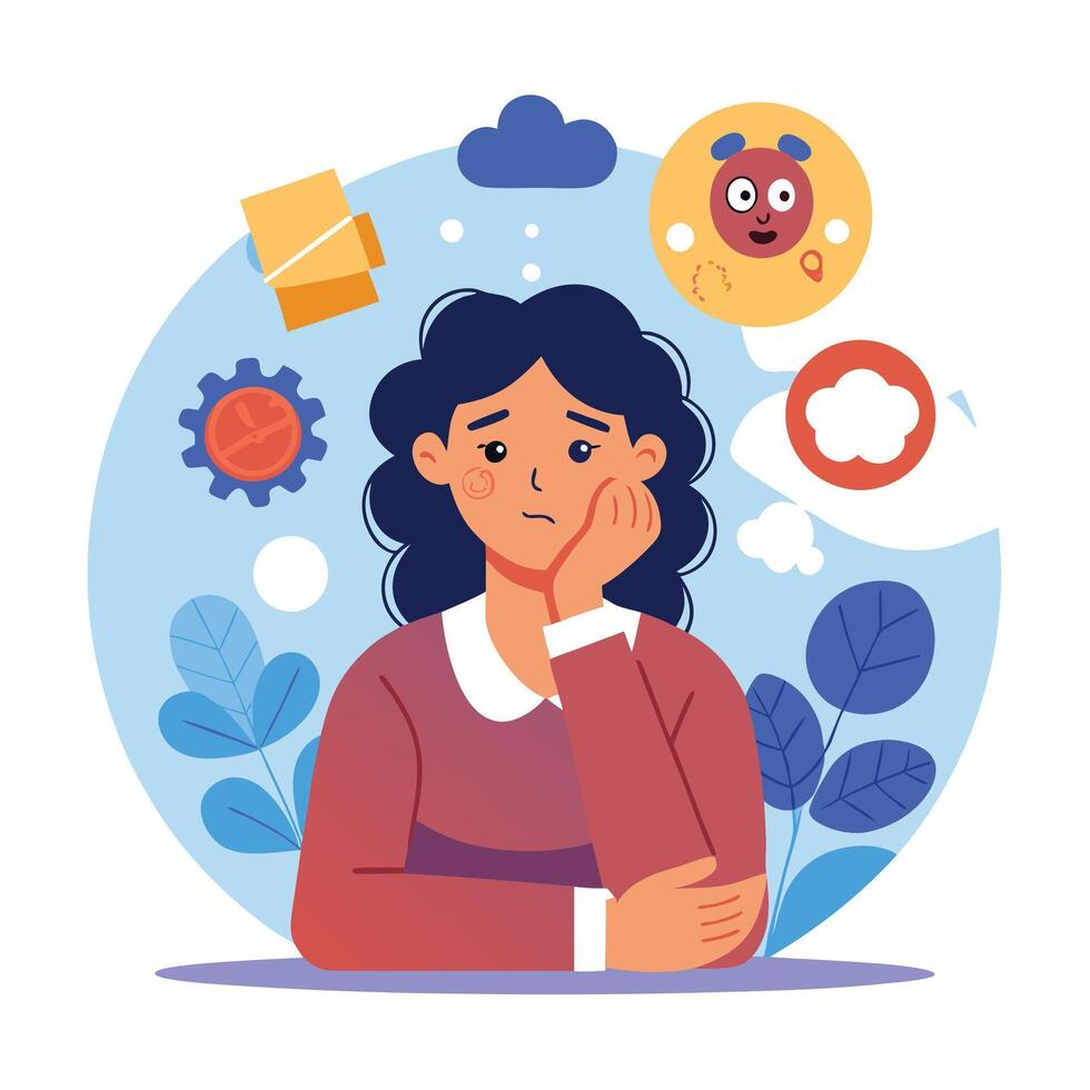 Artwork of a Depressed Young Woman Sitting with a Cloud of Negative Thoughts and Emotions vector