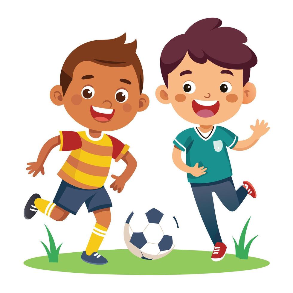Illustration of Two Happy Kids Playing Soccer Together on a Green Field vector
