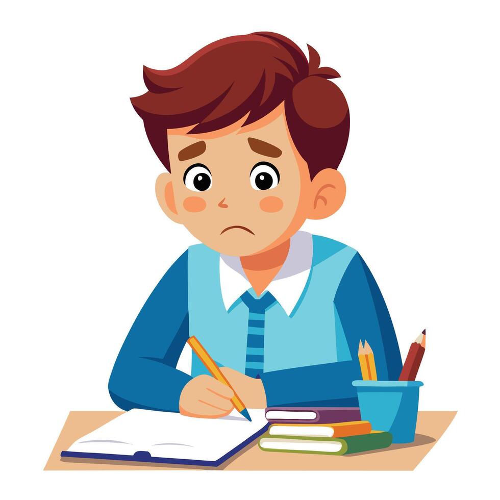 Illustration of a Sad Schoolboy Struggling with Homework at His Desk vector