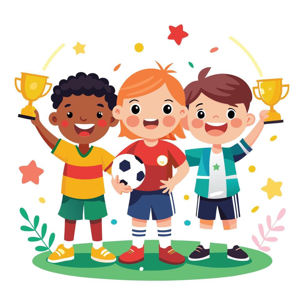 Exciting Digital Artwork of Young Soccer Players Rejoicing with Their Awards vector
