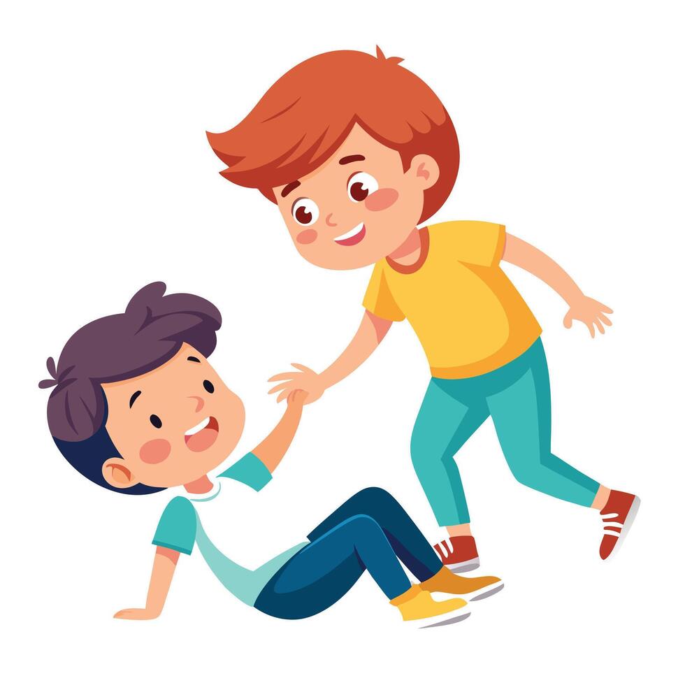 Heartwarming Cartoon Image of a Young Boy Offering a Helping Hand to His Fallen Friend vector
