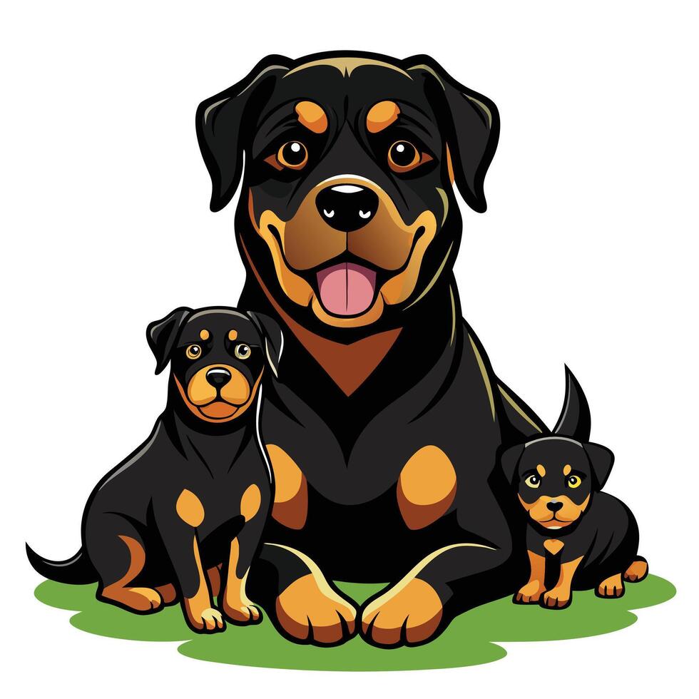 Adorable Rottweiler Mother and Puppies Sitting Together in a Heartwarming Family Portrait vector