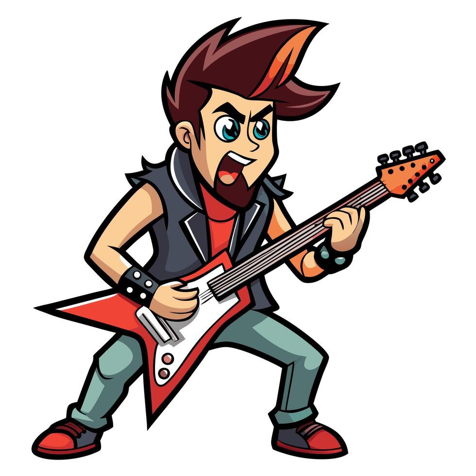 Energetic Cartoon Rock Guitarist Shredding on a Red Electric Guitar with a Bold Rockstar Pose vector