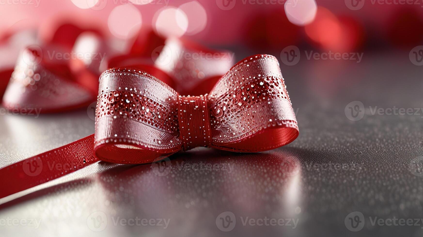 a red bow on a table with a red ribbon photo