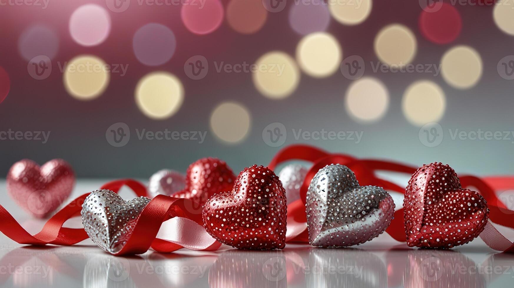 red and silver hearts on a table with a red ribbon photo