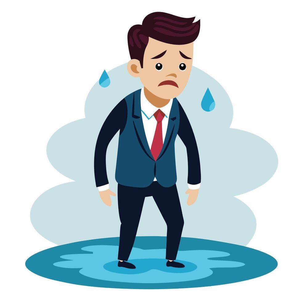 Sad Businessman Standing in a Puddle of Water - Conceptual Illustration of Stress and Failure vector