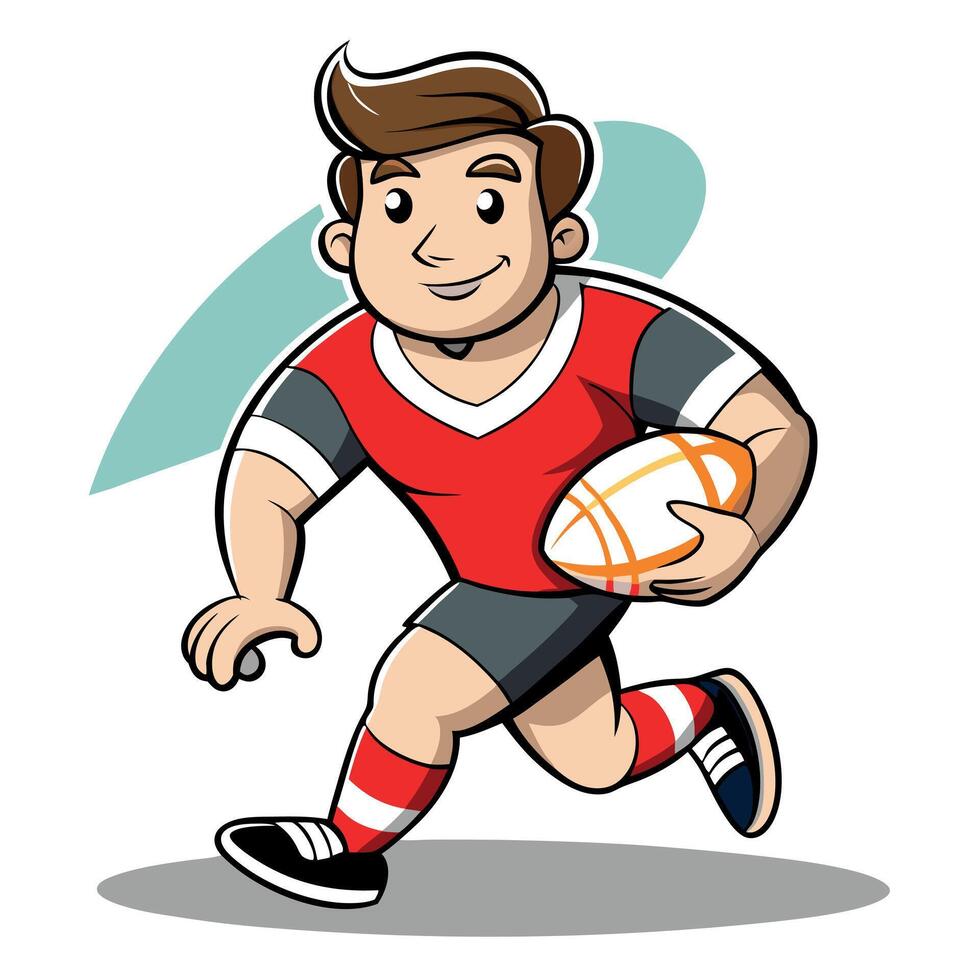 Energetic Cartoon Rugby Player Running with the Ball in a Red Jersey and Black Shorts vector