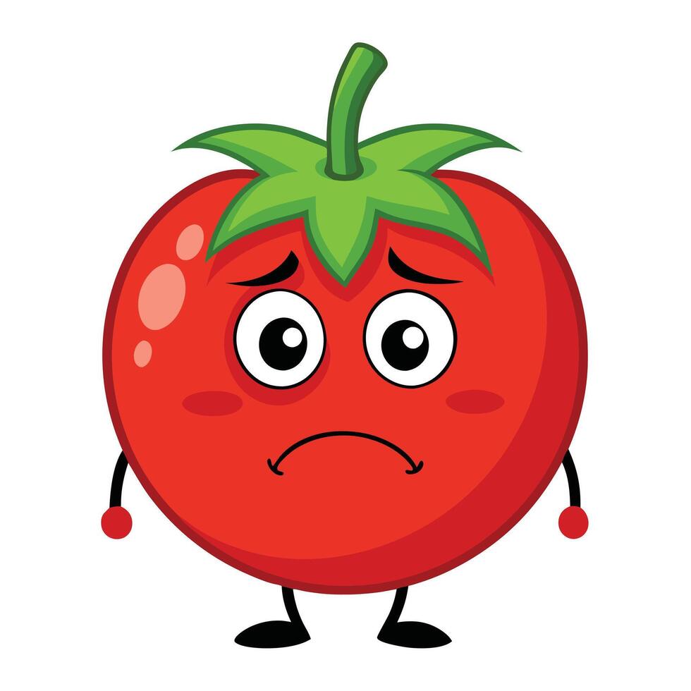 Adorable Sad Tomato Cartoon Illustration with Expressive Eyes and Cute Design vector