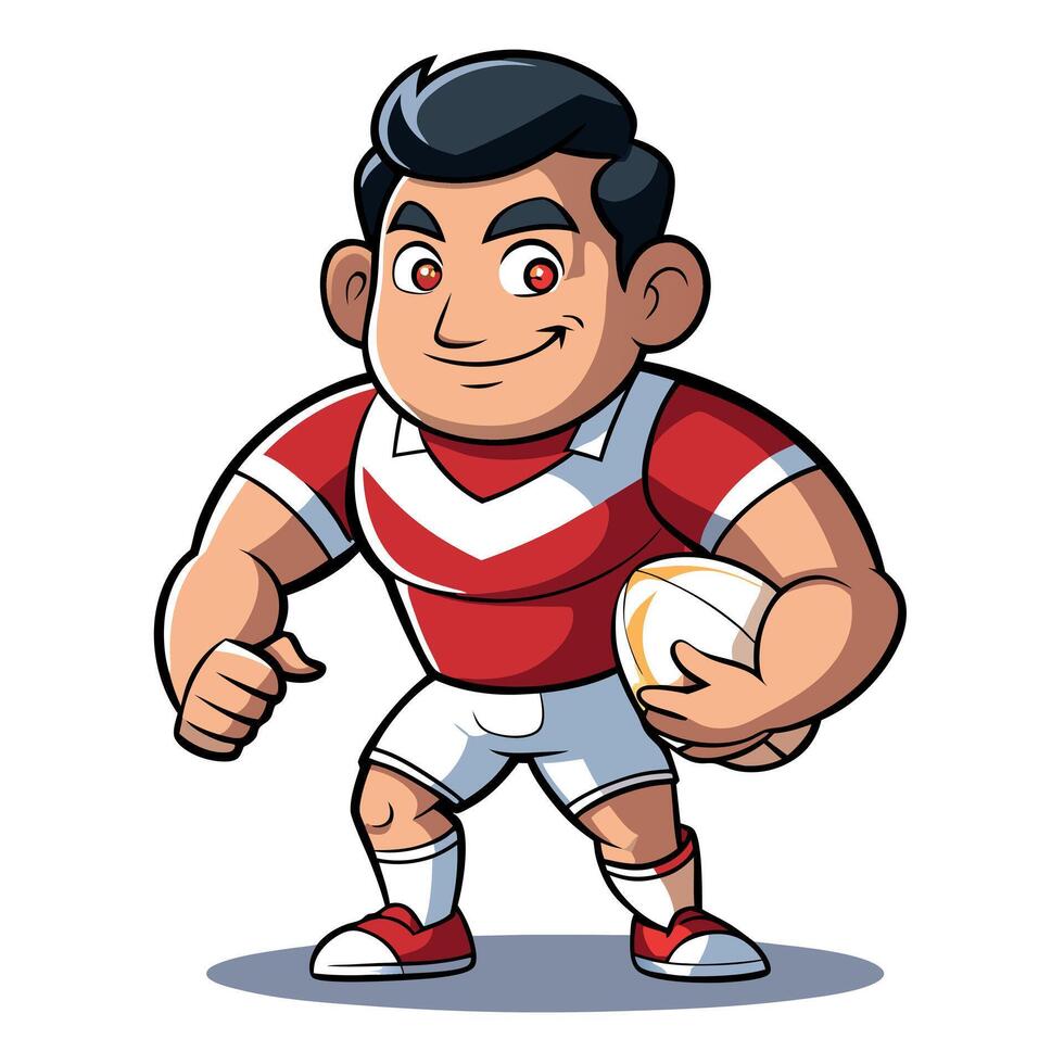 Dynamic Rugby Cartoon Character in a Red and White Uniform Holding a Rugby Ball vector
