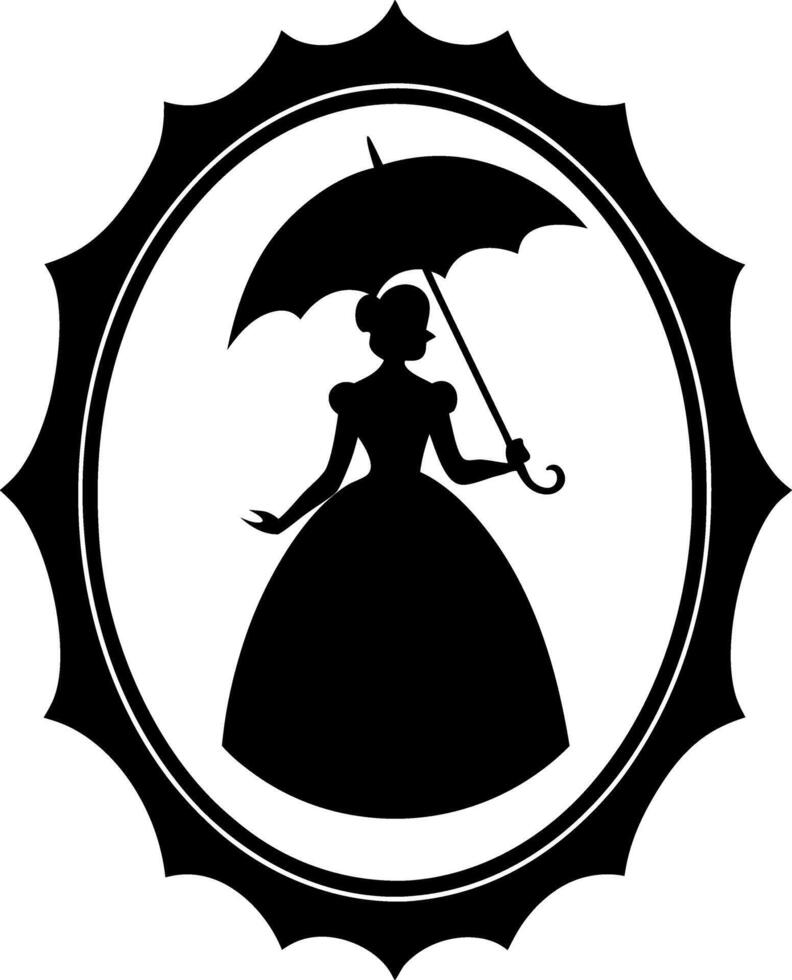 Black and White Retro Lady Silhouette with a Parasol in a Classic Ornamental Border vector